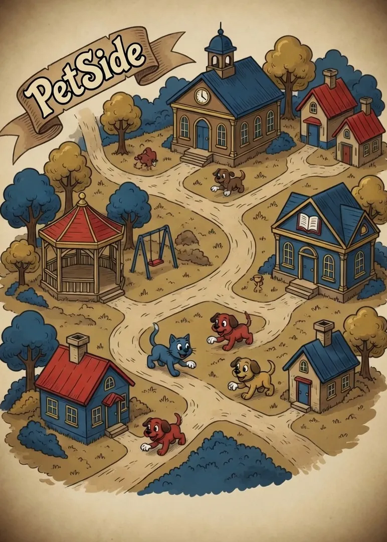 Illustrated vintage map of the Petside town